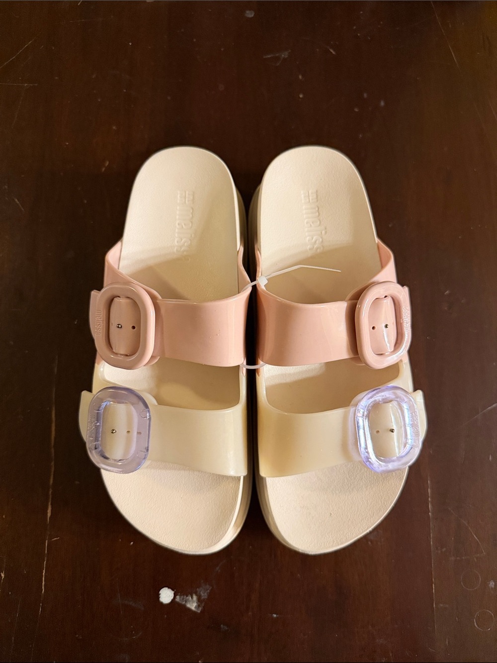 Mini Melissa Two-Buckle Slide Sandals in Pink and Cream